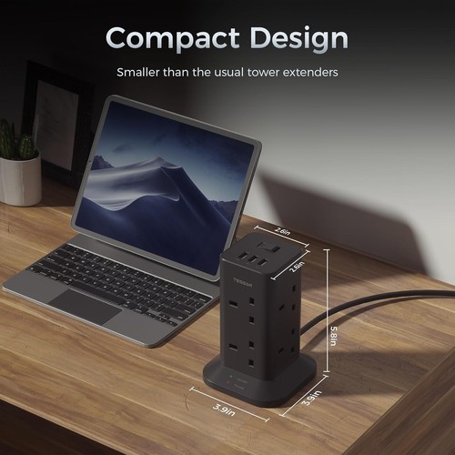 Tower Verlängerungskabel mit 3 USB Steckplätzen 8-fach Mehrfachstecker Verlängerung Tower 2m Kabel - Bild 2 von 6