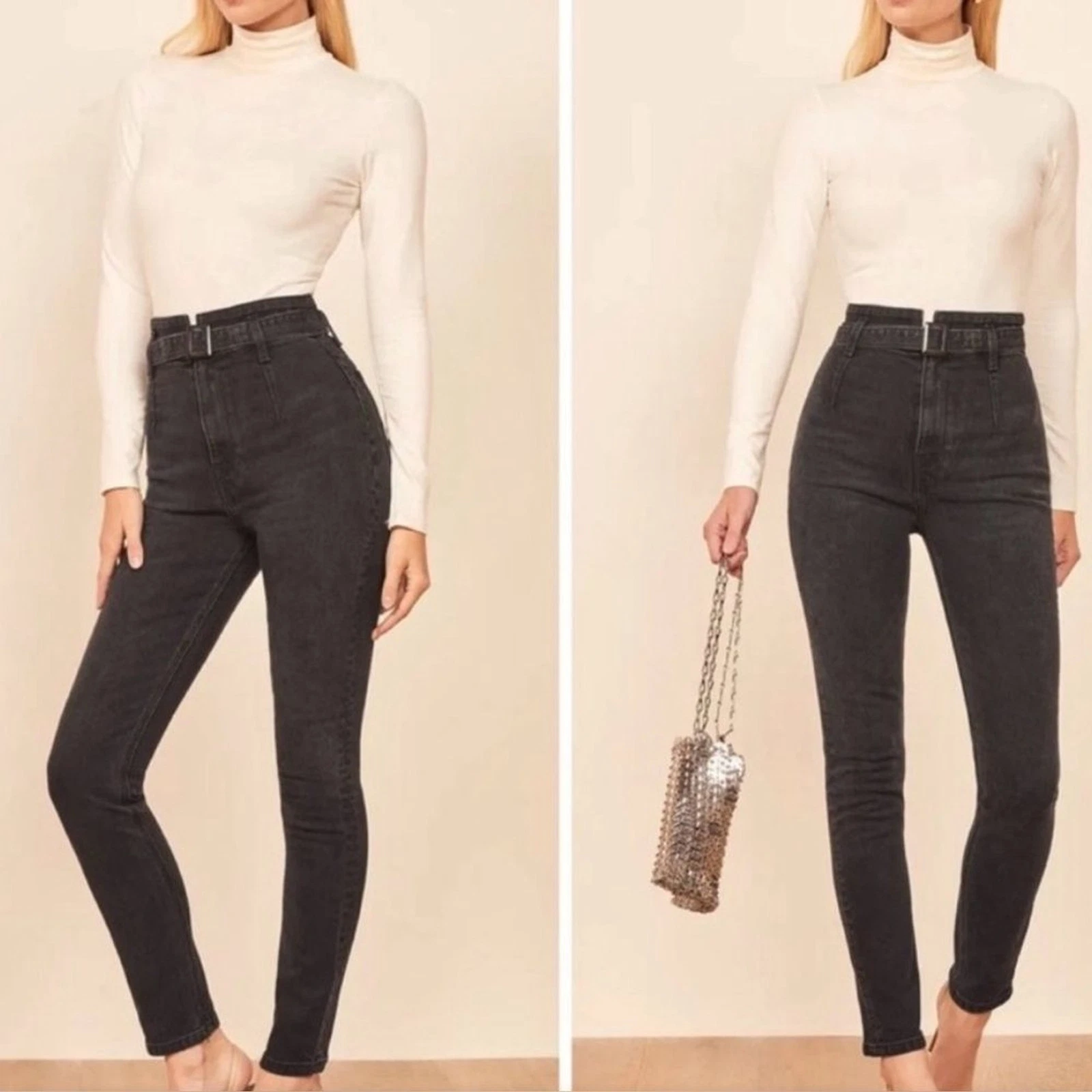 Jeans skinny Reformation Kayo vita alta con cintura cotone biologico elasticizzato nero 25