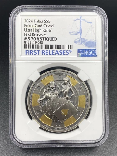 2024-S Palau Poker Card Guard Antiqued Gilded 1Oz. $5 Silver NGC MS70 Antiqued
