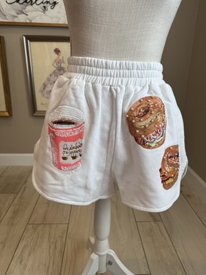 New! QUEEN OF SPARKLES White Sequin Bagel and Coffee Shorts XS/ Small