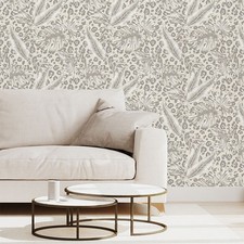 Beige Grey Tropical Wallpaper Metallic Silver Leopard Print Spots Feature Wall