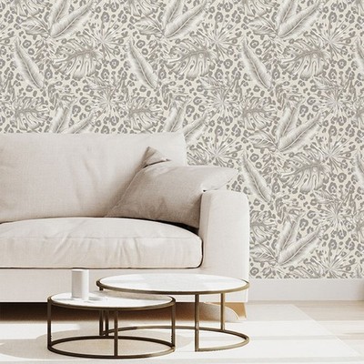 Beige Grau Tropisch Tapete Metallic Silber Leopardenmuster Punkte Feature Wand