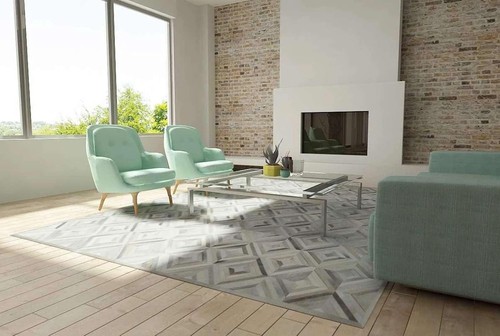 Hand Woven Natural Cowhide Hair on Patch Work Leather Modern Carpet Room C-02 - Picture 3 of 7