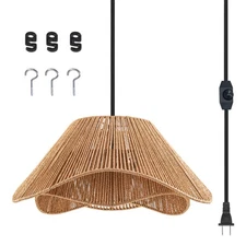 Rattan Pendant Light Fixture with Plug in Cord Farmhouse Plug in Hanging Lamp
