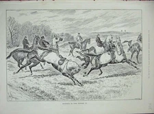 Original Old Antique Print 1891 Horses Jumping Hedge Falling Trees Country 19th