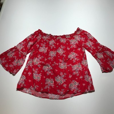 Pink Rose Top Size L Smocked Off The Shoulder Red Floral Boho Print Bell Sleeves
