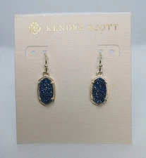 New Kendra Scott Lee Gold Drop Earrings In Dark Blue Drusy
