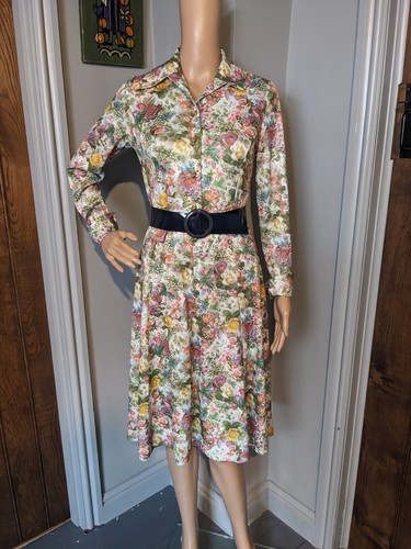 Vintage 70s Floral Daisy Meadow Collared A Line Tea Shirt Skater Dress 8 10 36 - Imagen 5 de 6