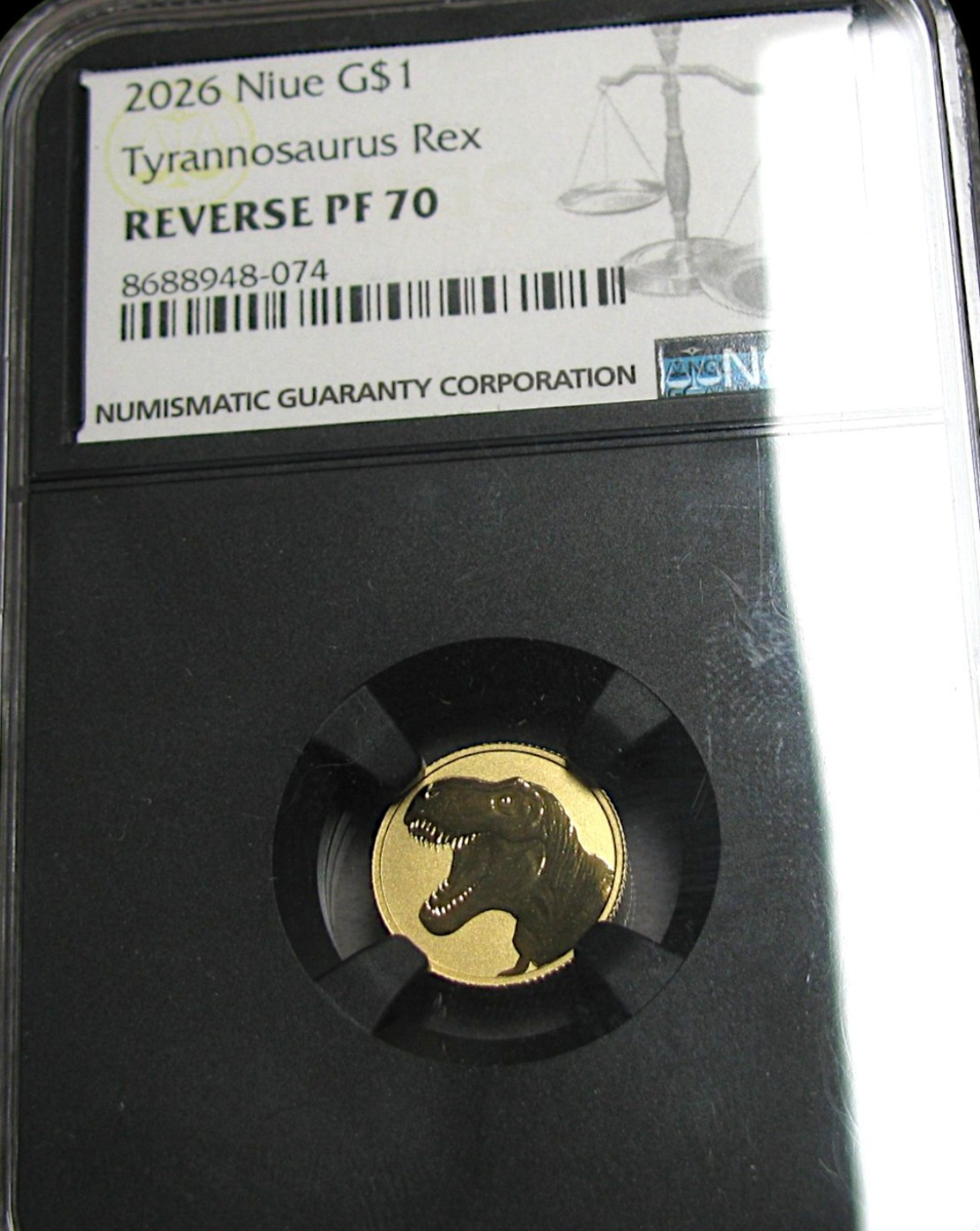 2026 1 gram & 2 Gram T-Rex Dinosaur Gold Coin 22K Reverse Proof-70