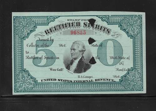 US Revenues: Taxpaid Rectified Spirits Stamp; Series/1875; 50 Gal; Punched Rem.