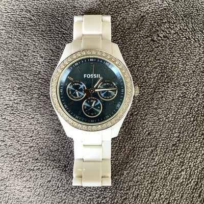 Fossil Rhinestone Bezel Blue Metallic Dial Unisex Watch White