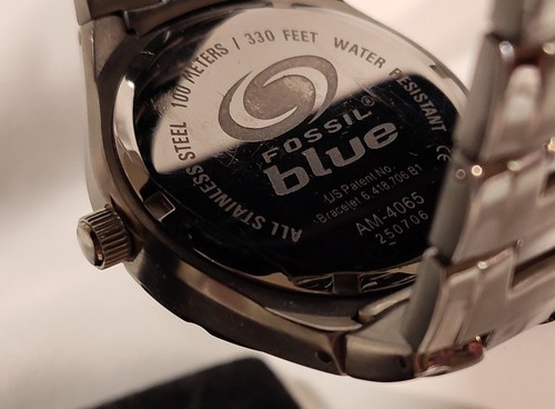 Vintage Fossil Blue AM-4065 Watch Date Stainless Black Dial Quartz Analog Sm 7" - Picture 2 of 11