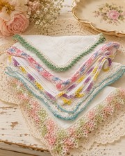 Vintage Lace Trim Handkerchief Lot Crochet Edge Hankies Pastel Tatting Linen...