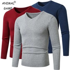 Men's Pullover V Neck Knitted Sweaters Solid Color Long Sleeve Jumper Lightweigh