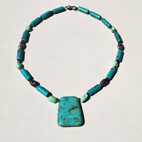 Vintage Sterling Silver Turquoise Slab Pendant Tube Bead Necklace Blue