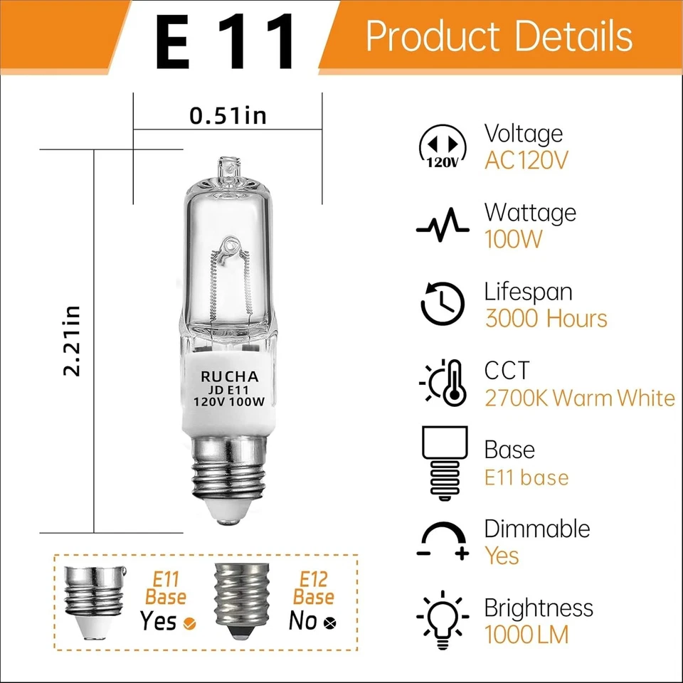 JDE11 120V 100W Halogen Light Bulbs (Replacement E11 LED Bulb), T4 Mini Candelab - Image 2 of 4