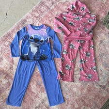 set of 2 Disney Stitch Girls 7/8 Lounge Set Blue  Pink Long Sleeve  Pant