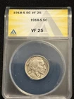 1918-S🦬Buffalo Nickel 5C ANACS VF25 Hard Rare Date, Affordable Grade, nice coin