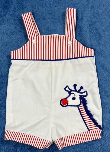 Vintage Buster Brown Red/White Striped Bubble Romper 12 Months Giraffe Applique - 第 1/5 張圖片