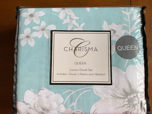 Charisma Queen Luxury Duvet Set Shams Bedskirt White Aqua Molani Floral New - Picture 6 of 9