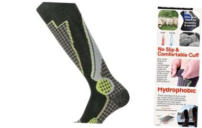 High Performance Wool Ski Socks - Large 1 Pair - Highland Green/Grey/Yellow