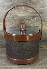 Vintage Atapco MCM Faux Wood Grain Vinyl Chrome Ice Bucket Barware Made In USA