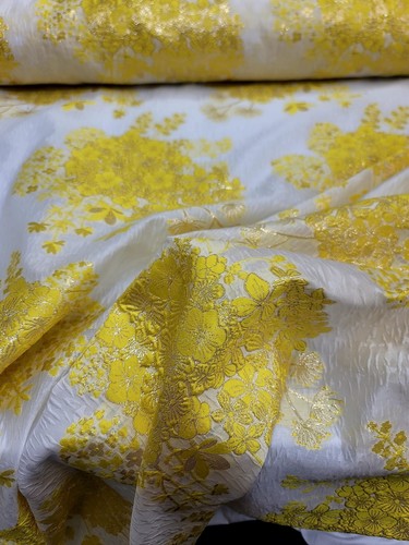 YELLOW Floral Brocade Fabric Sold By The Yard ON WHITE ORGANZA FOR DRESS PROM - Picture 3 of 9