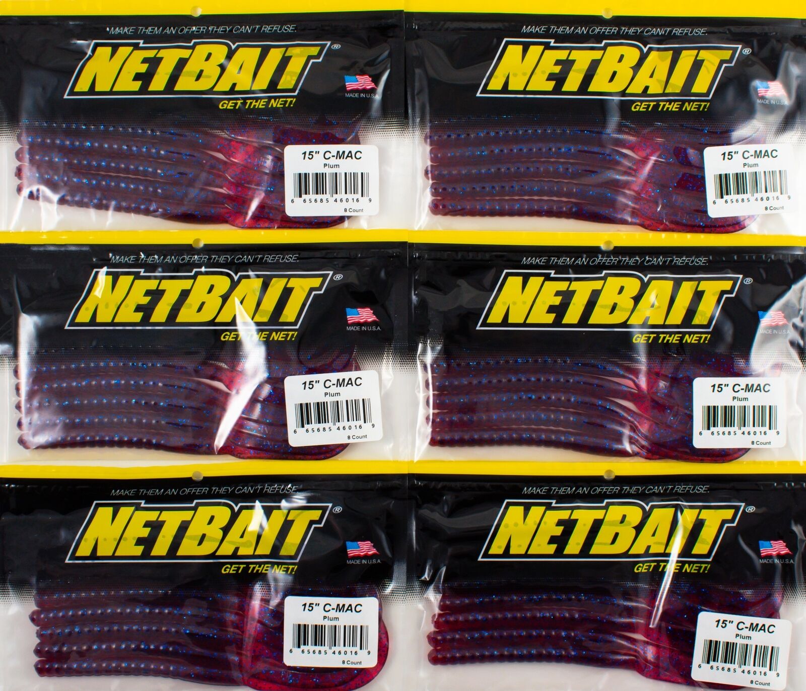 (LOT OF 6) NETBAIT C-MAC 15" CURLY TAIL WORM PLUM DT1407