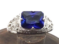 Filigree Ring Sterling Lab Created Sapphire Emerald Cut Art Deco Design Size 8