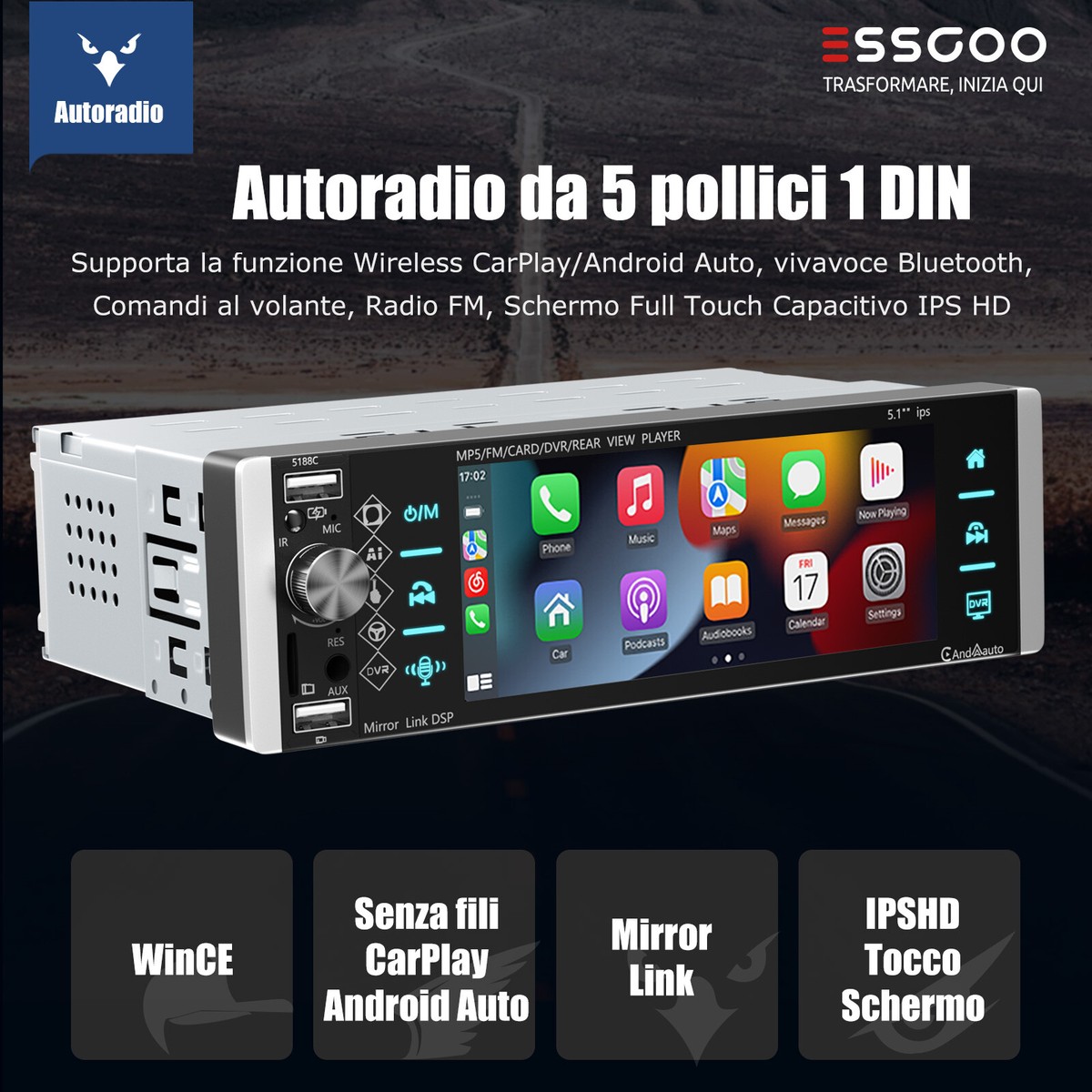 Autoradio 1 Din Con CarPlay E Android Auto - 9 Pollici Touchscreen, Bluetooth, Telecamera Posteriore, USB Tipo-C - Foto 8