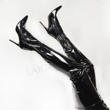 Women Thigh High Boots Stretchy Shiny Black Side Zip Stiletto Heels Tall Boots
