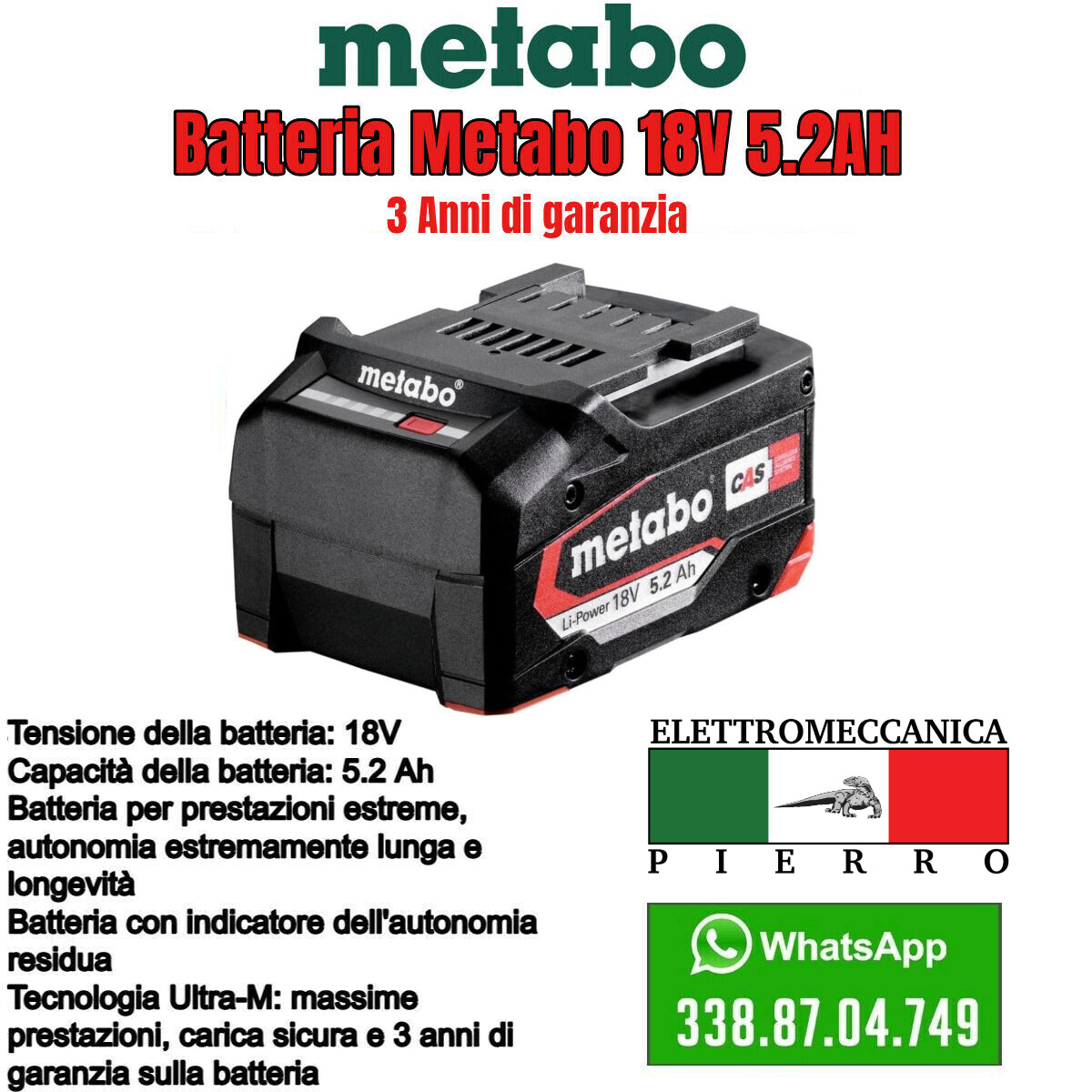 Batteria Metabo 18V 5,2 Ah Originale - Standard CAS per Industrie