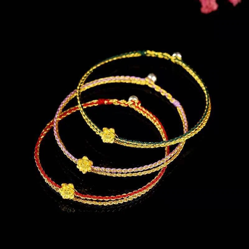 Pulsera tejida de loto de la suerte 3D de oro amarillo puro 999 24K regalo para mujer Foto 2 de 4