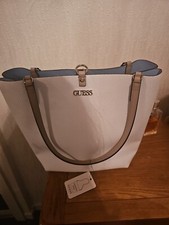 Guess Women Ladies Handbag Alby Tote Shoulder Bag In Blue & White  VG745523