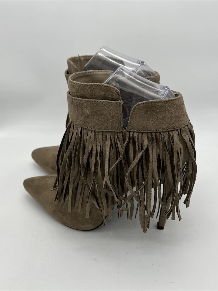 Botas de tornozelo Valery Wild Diva biqueira pontiaguda com zíper lateral salto agulha franja tamanho 8.5 - Imagem 4 de 4