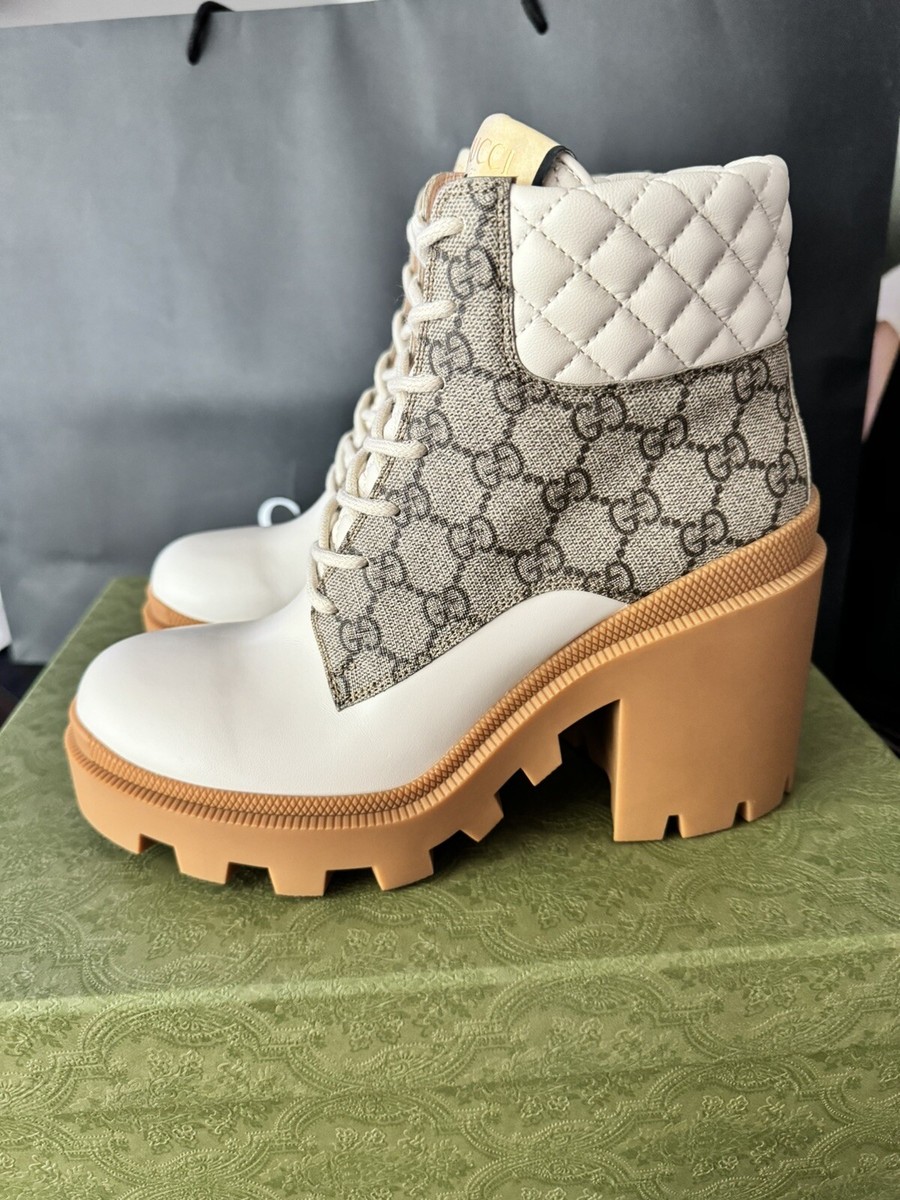 Gucci Women Lace up Heeled Ankle boots GG coated Canvas with