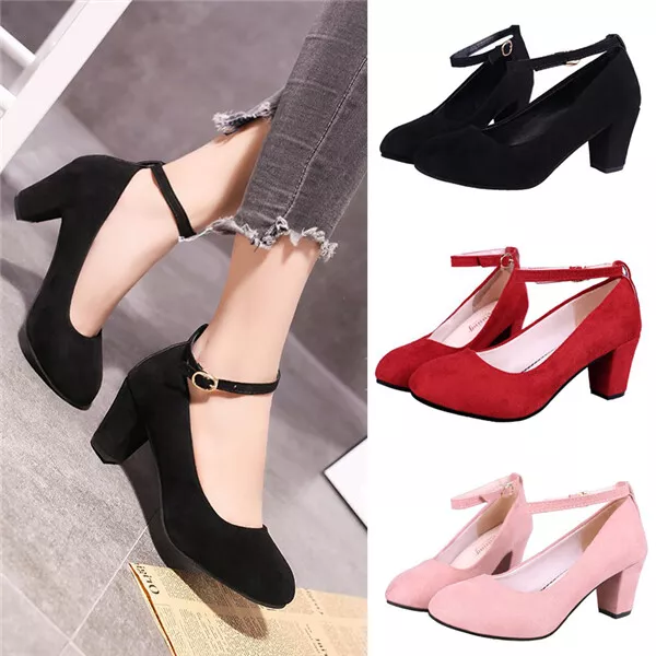 Womens Low Mid Square Heel Ankle Strap Sandal Office Ladies Pointed Toe  Pumps Shoes Heels Sandals