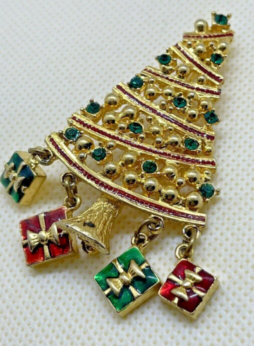 Vintage LIA Christmas Tree Brooch Pin Red Green E… - image 1