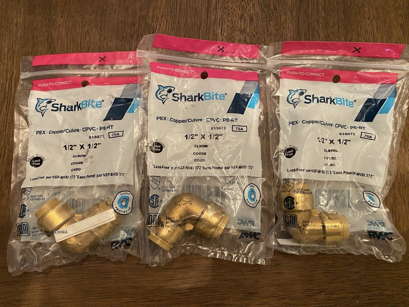 3 QTY SharkBite 1/2" X 1/2" PUSH FIT ELBOW FITTINGS - BRASS - Free Ship