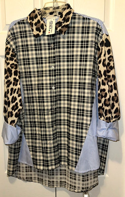 NEW TAG Italy Moda Woman's Plaid Striped & Animal Print Tunic Blouse Size XL