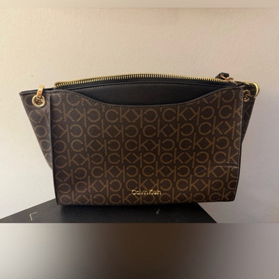 Calvin Klein Brown CK Monogram Crossbody Bag Zip Closure Gold Hardware Strap