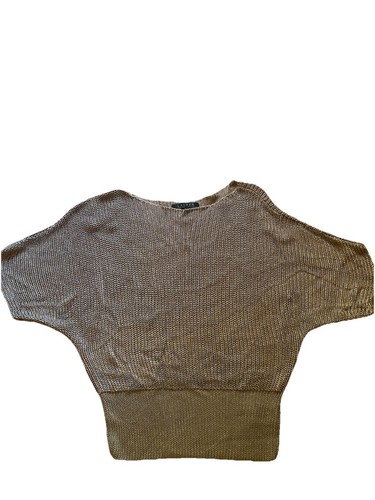 Lauren Ralph Lauren Gold Metallic Knit Top Blouse Puffy Short Sleeve Women’s L - Picture 1 of 8