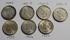LOT OF 7 SILVER PEACE DOLLARS VARIETY DATE RANGE 1922-1935