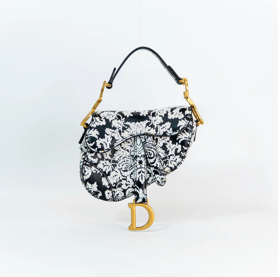 RARE Dior Saddle Micro Bag — Beaded, Gold Hardware, Original Packaging