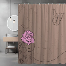 Pink Rose Butterfly Floral Shower Curtain, Brown Background
