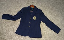 Rare Vintage Lauren Ralph Lauren Gold Crest Logo Wool Navy Blue Blazer 4