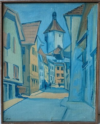 Ölbild Expressionist Stadtansicht Straße mit blauen Häusern F.K. Monogramm