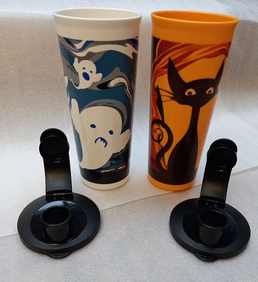 Tupperware 16 oz Halloween Cat & Ghost Tumblers with Flip Top Lid Seal ...