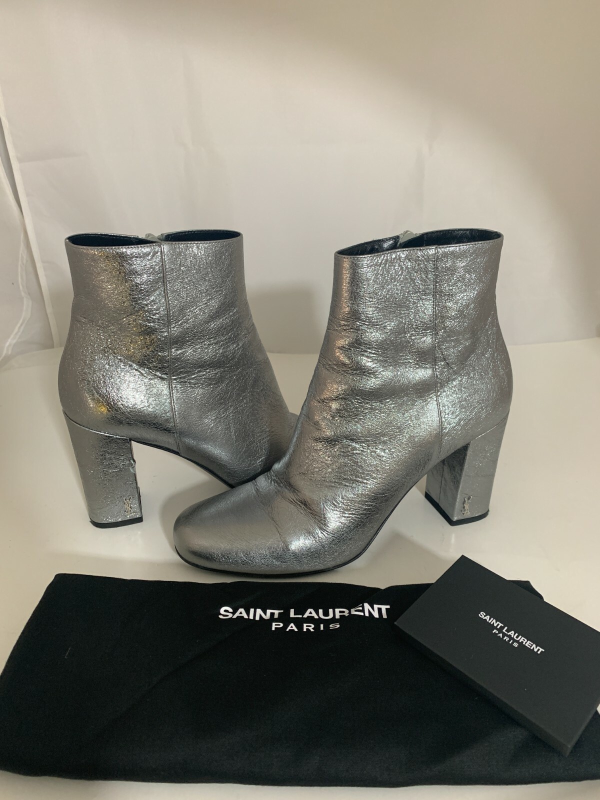 STIVALI SAINT LAURENT $899 ARGENTO PELLE METALLICA TACCO A BLOCCO TAGLIA 38 5