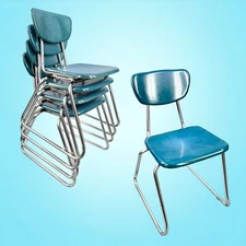 Vintage MCM Stacking Chair VIRCO Blue Teal & Chrome Sleigh Leg (4 Available)